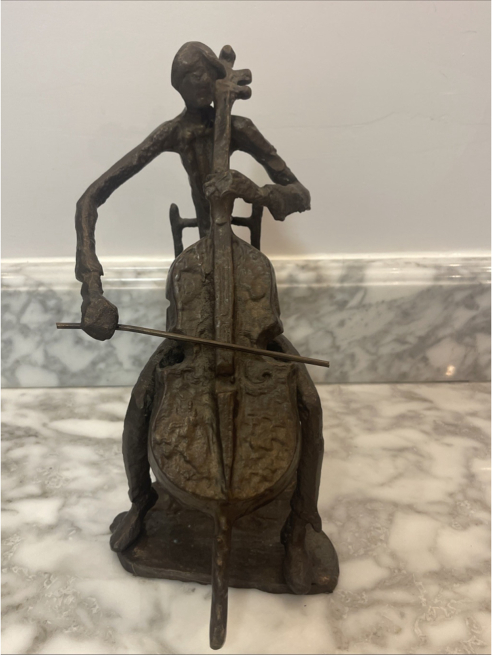 Vintage Solid Bronze Brutalist Cellist Cello Musician Sculpture 10 5/8”